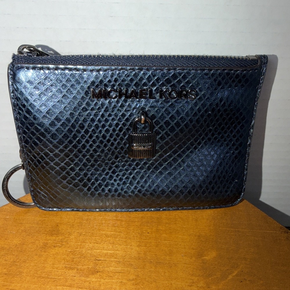 Michael Kors Python Embossed Zip Card‎ Case Coin Pouch Key Ring Blue Snake Print